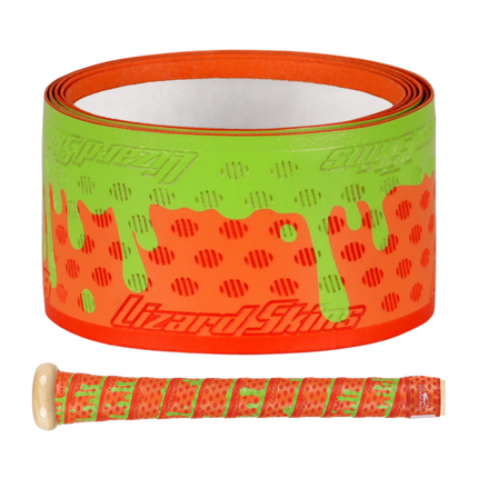 Roll of green and orange tape with a small sample on a white background