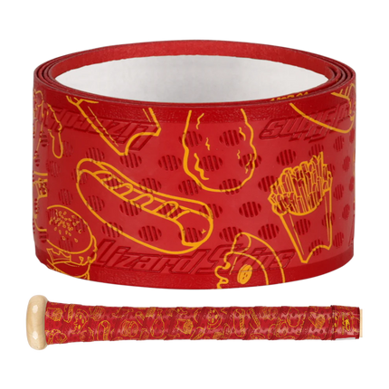 Red bat grip with yellow food pattern