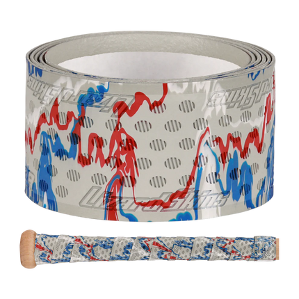 Roll of sports tape with red and blue designs on a white background