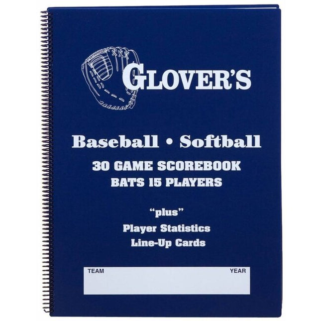 A blue spiral-bound notebook cover reading 'GLOVER'S Baseball Softball 30 Game Scorebook Bats 15 Players' with a white glove graphic and a team name and year field at the bottom.