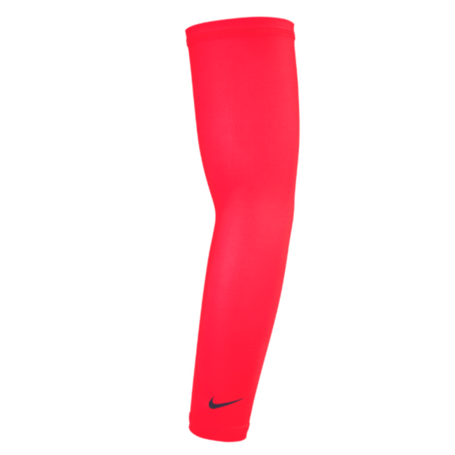 A bright red athletic arm sleeve with a small black Nike swoosh logo near the lower cuff, shown against a plain white background.