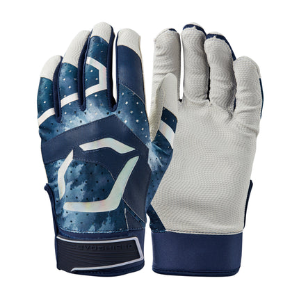 A pair of baseball batting gloves shown from both the back and palm sides. The back of the gloves features a blue and white starry pattern with navy blue panels and white graphic accents, while the palm side is made of a textured light gray fabric.
