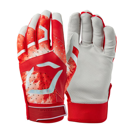 A pair of red and white baseball batting gloves shown from both the back and palm sides against a plain white background.